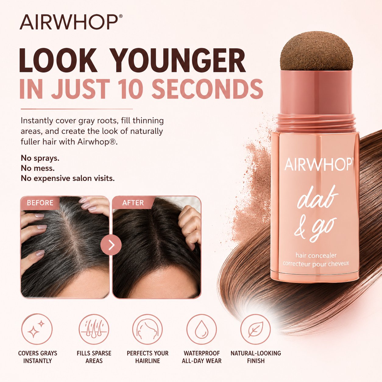 Airwhop® 10-Second Hair Concealer Cover Grays • Fill Thin Areas • Perfect Your Hairline