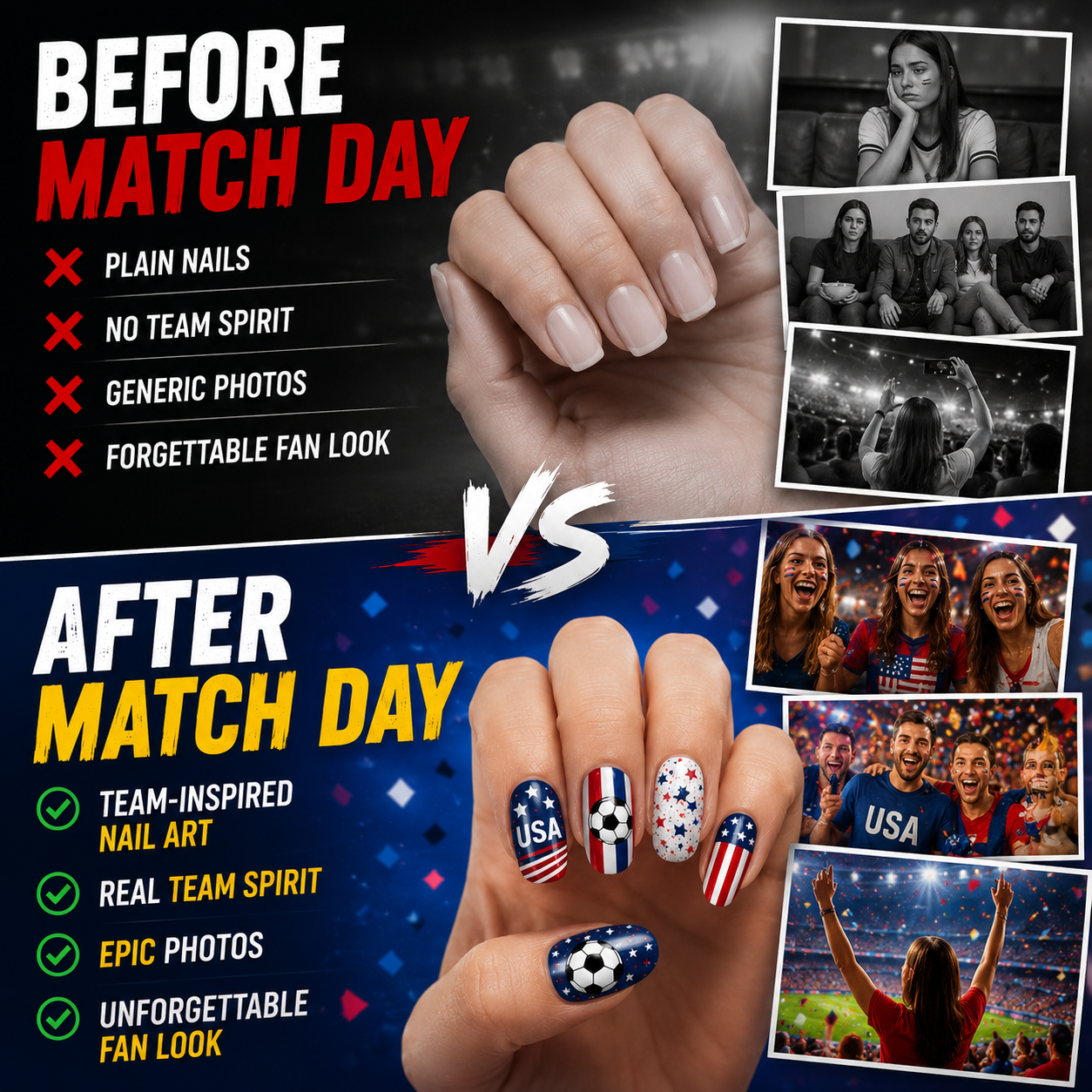 Before and after fan nail art match day transformation
