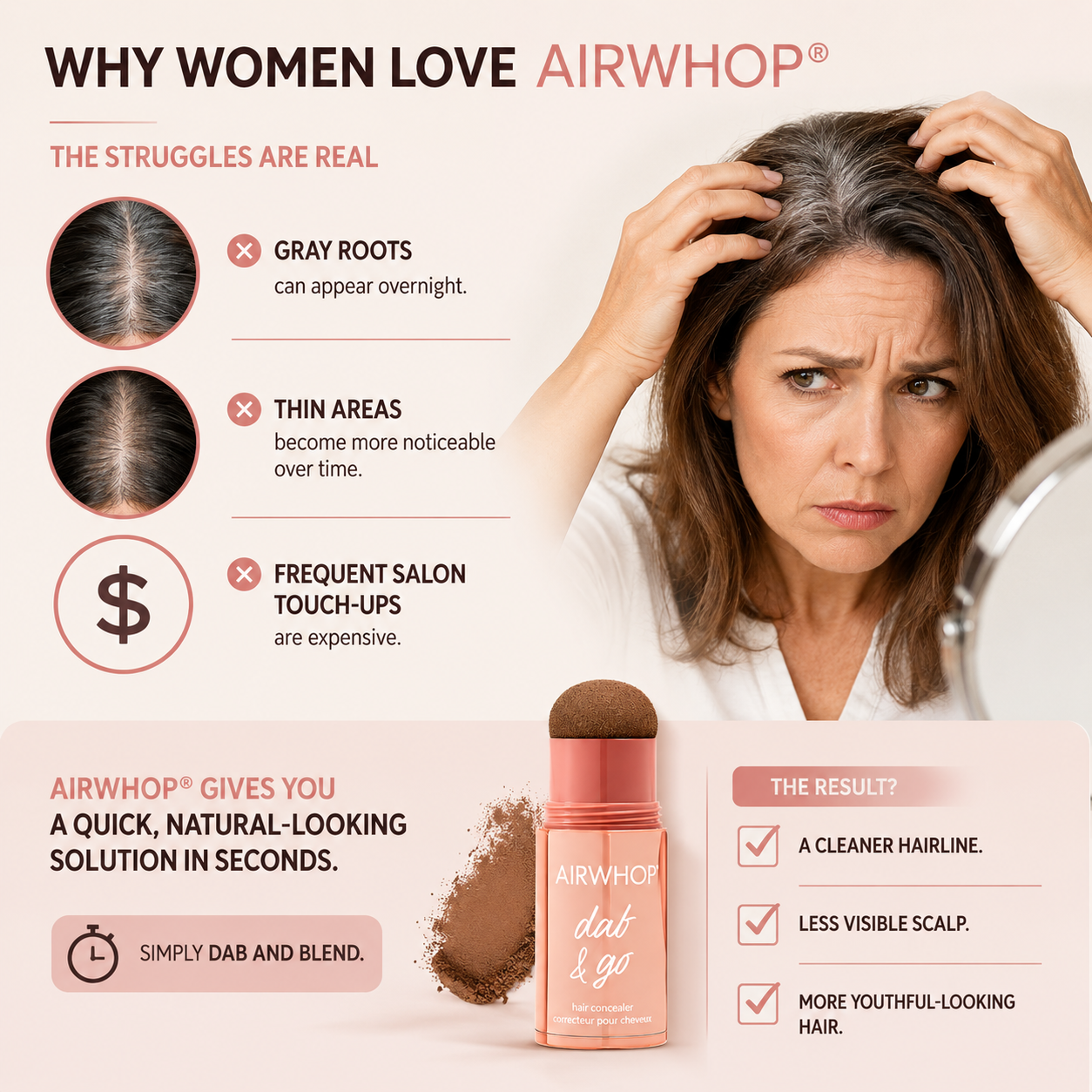Airwhop® 10-Second Hair Concealer  Cover Grays • Fill Thin Areas • Perfect Your Hairline