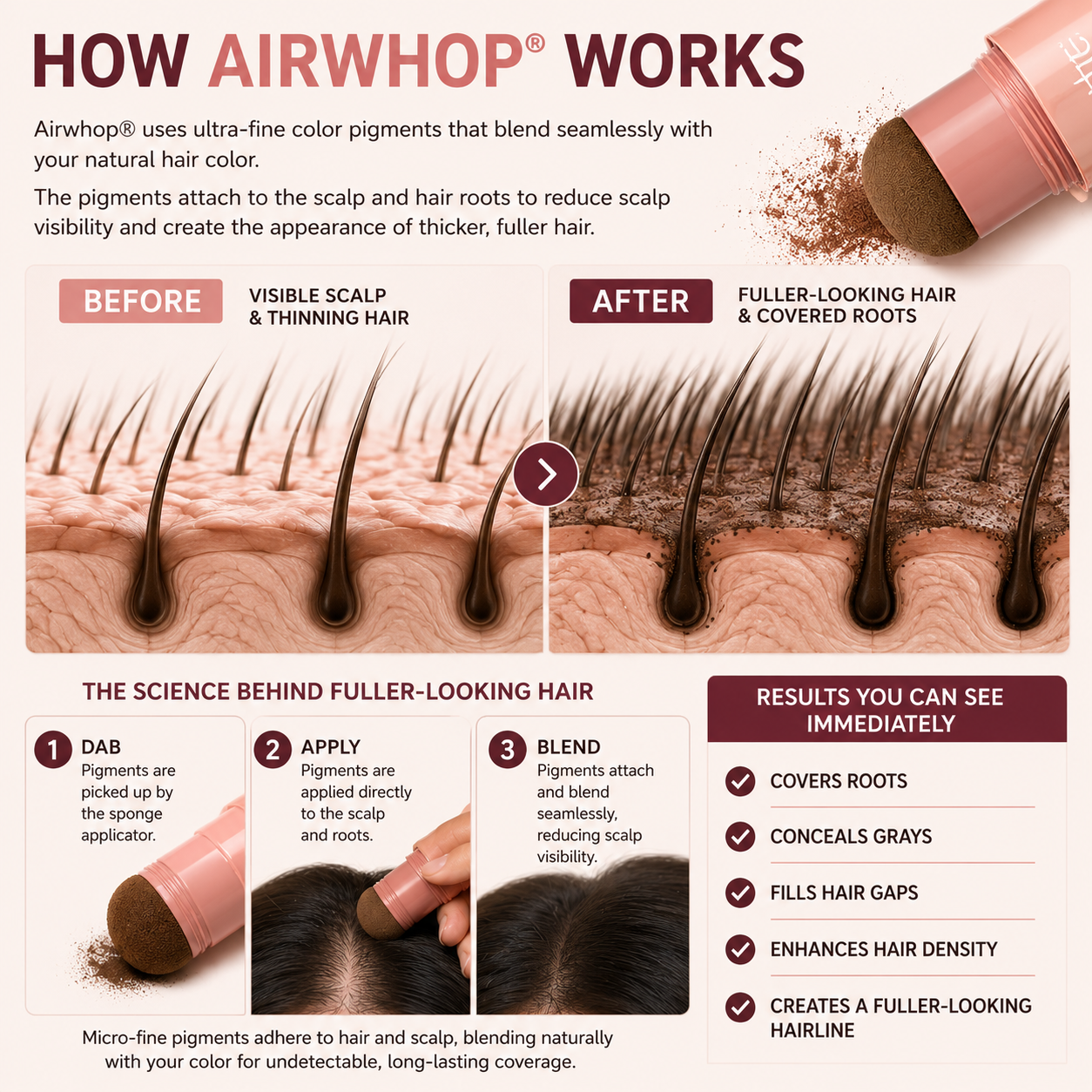Airwhop® 10-Second Hair Concealer  Cover Grays • Fill Thin Areas • Perfect Your Hairline