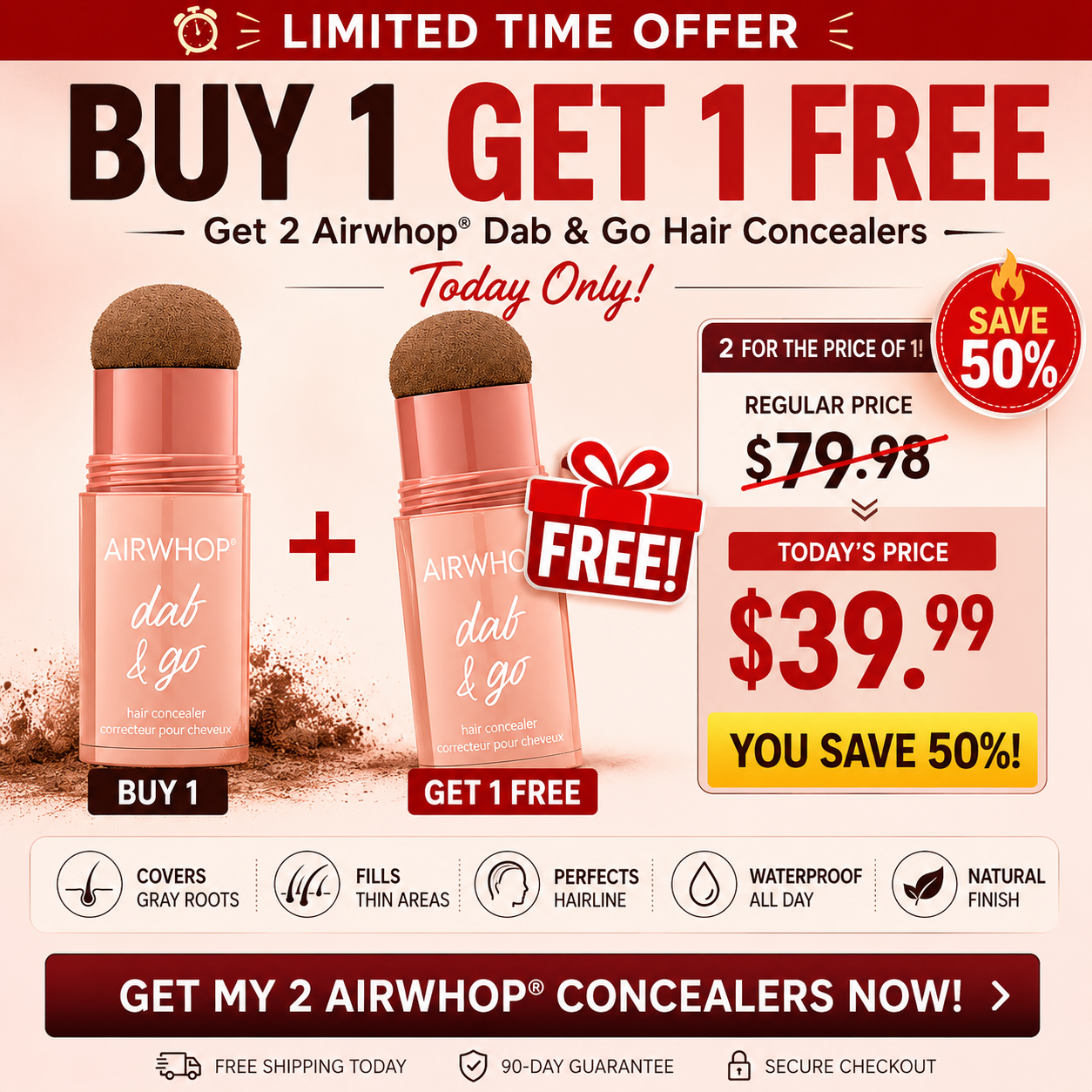 Airwhop® 10-Second Hair Concealer  Cover Grays • Fill Thin Areas • Perfect Your Hairline
